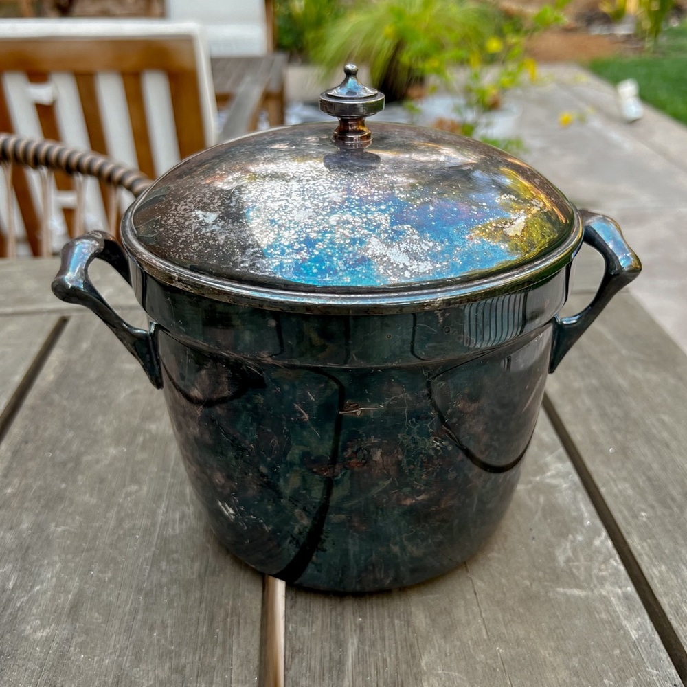 Vintage Silver Plate Crescent White Glass Lined Ice Bucket Rainbow Patina